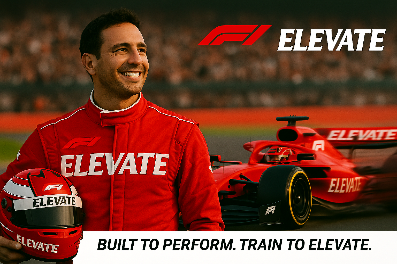Pro driver in red suit beside F1 car — Built to Perform. Train to ELEVATE.